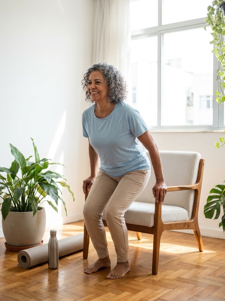 Uma senhora sorridente faz o exercício de sentar e levantar da cadeira na sala de casa.